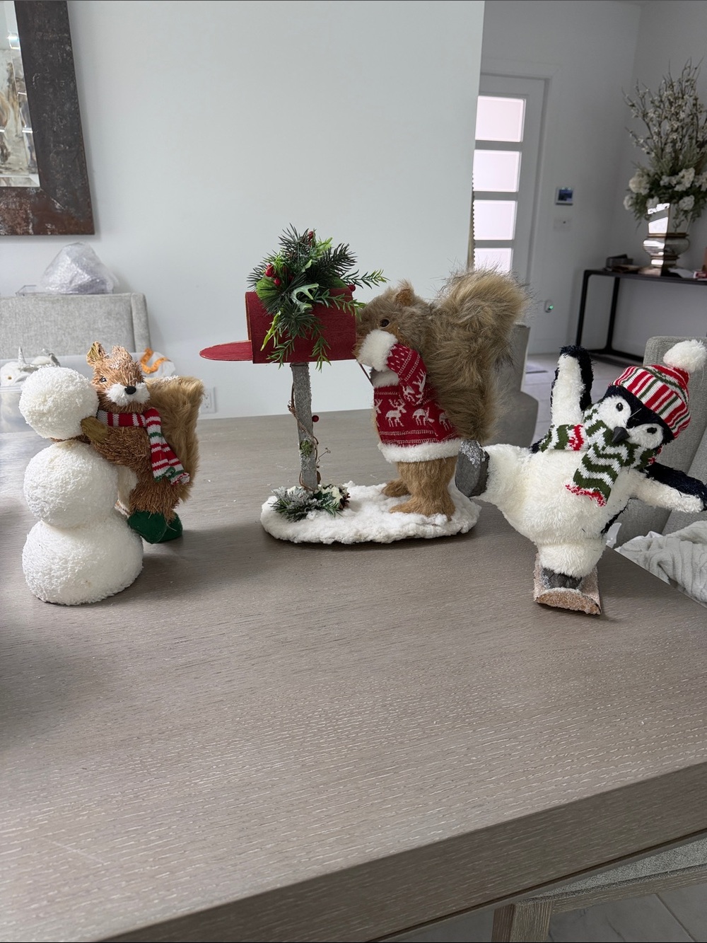 Pier 1 Imports Flocked Holiday Squirrel with Red Sweater. Snowman and Penguin.